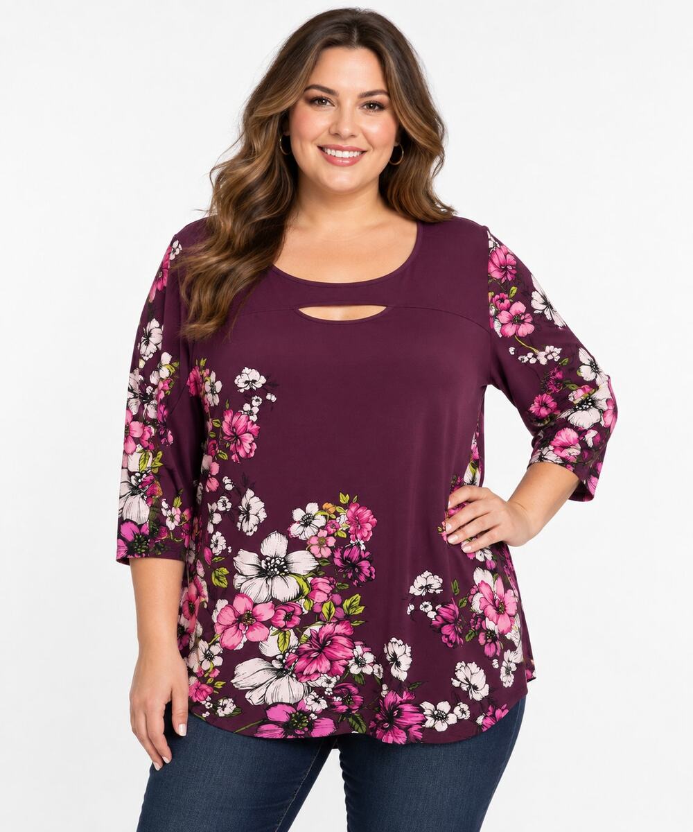 Susan Graver Womenโs 2X Purple Pink Floral Keyhole Tunic Top 3/4 Sleeve